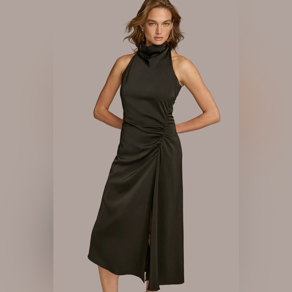 NWT DONNA KARAN Mock Neck Midi Dress Black  2